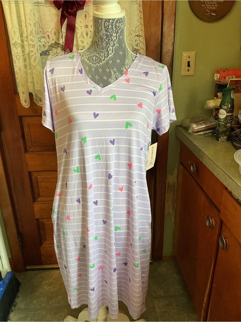 Lavender Heart-Print V-Neck Sleep Dress - Women